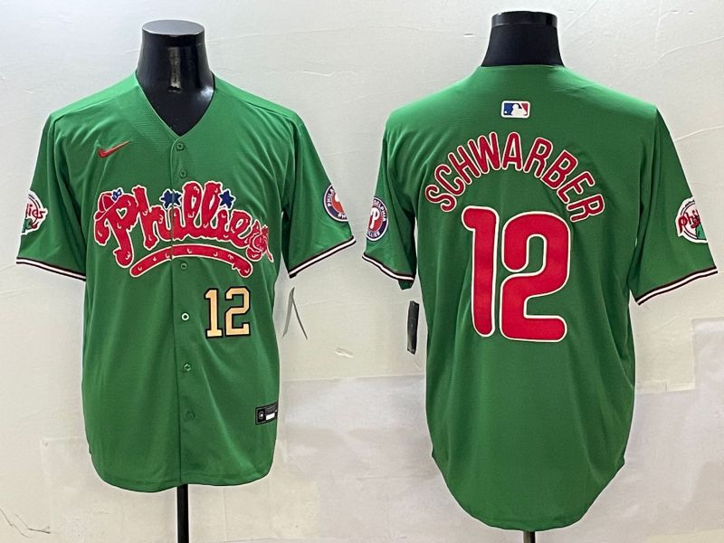 Men Philadelphia Phillies #12 Schwarber Green Fourth generation Joint Name Nike 2025 MLB Jersey style 3